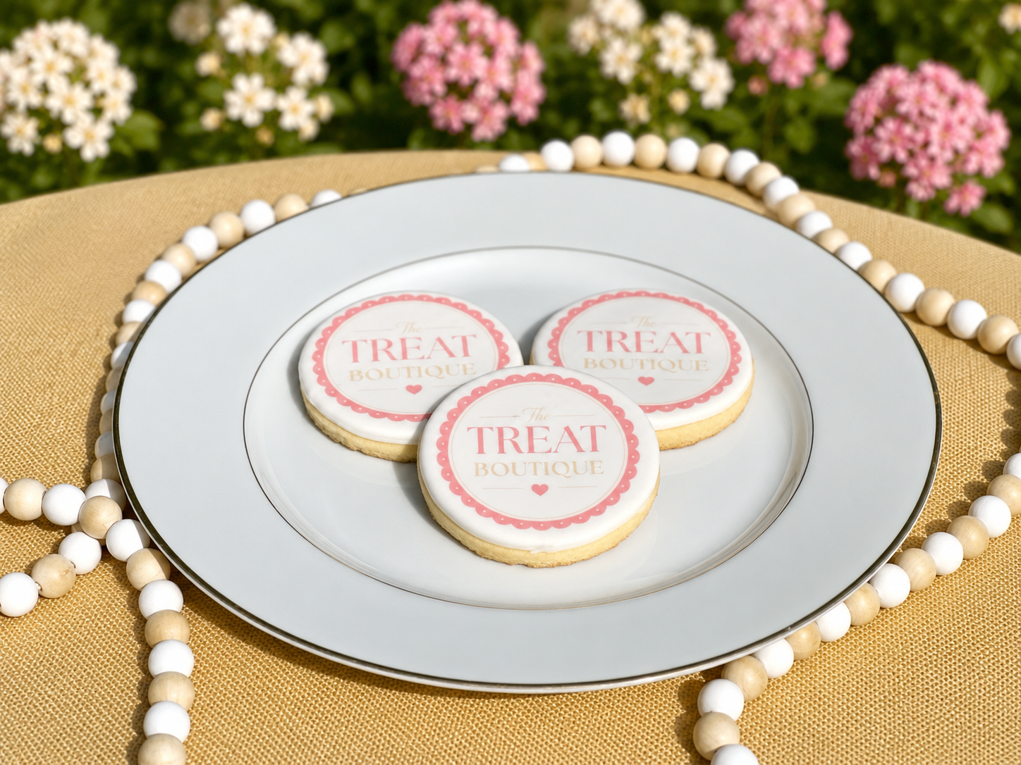 cookies with the treat boutique logo sitting on a plate