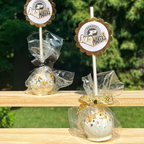 Two cake pops on sticks with 'BoilerMakers' branding, wrapped in clear plastic with gold ribbons, against a blurred green outdoor background.