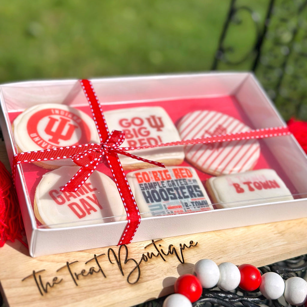 Box of cookies with red ribbon and 'The Treat Boutique' branding, outdoors.