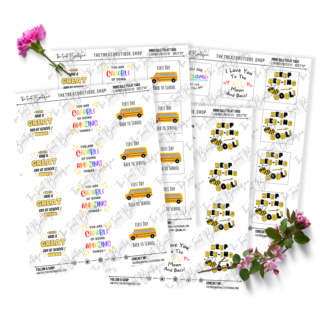 Back to School and Lunch Box Note Treat Tags - Digital Download