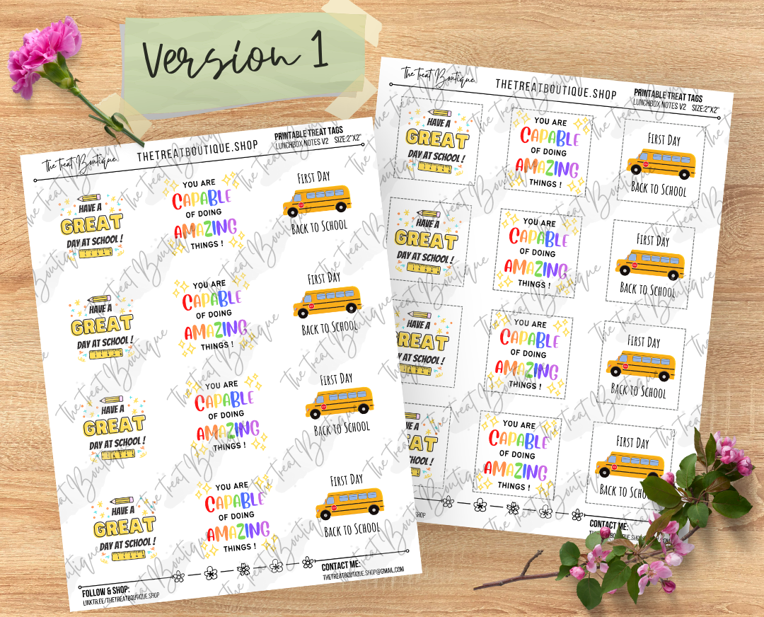 Back to School and Lunch Box Note Treat Tags - Digital Download