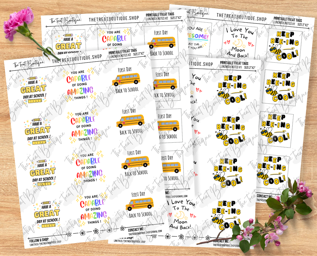 Back to School and Lunch Box Note Treat Tags - Digital Download